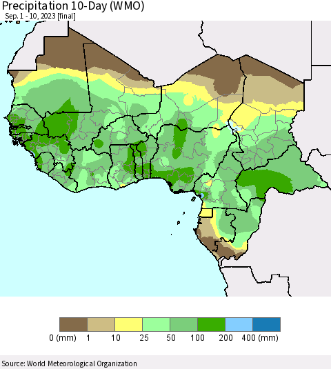 Western Africa Precipitation 10-Day (WMO) Thematic Map For 9/1/2023 - 9/10/2023