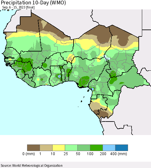 Western Africa Precipitation 10-Day (WMO) Thematic Map For 9/6/2023 - 9/15/2023