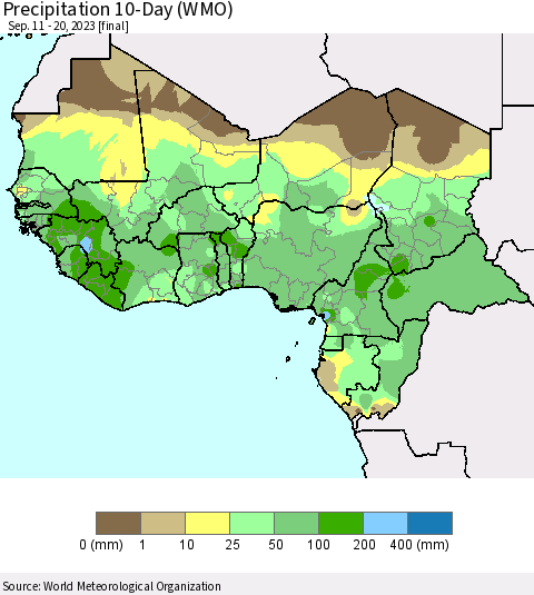 Western Africa Precipitation 10-Day (WMO) Thematic Map For 9/11/2023 - 9/20/2023