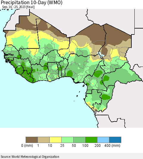 Western Africa Precipitation 10-Day (WMO) Thematic Map For 9/16/2023 - 9/25/2023