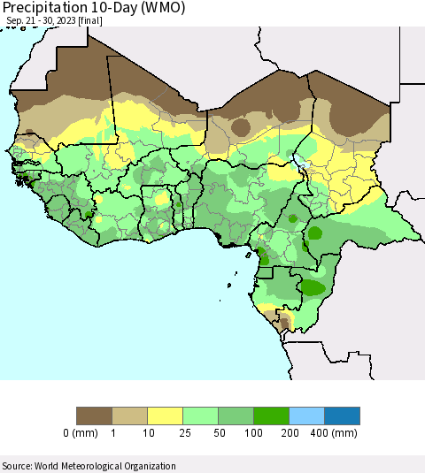 Western Africa Precipitation 10-Day (WMO) Thematic Map For 9/21/2023 - 9/30/2023