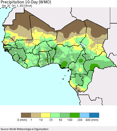 Western Africa Precipitation 10-Day (WMO) Thematic Map For 9/26/2023 - 10/5/2023