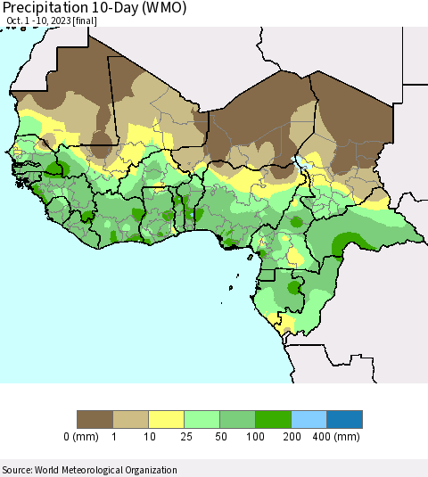 Western Africa Precipitation 10-Day (WMO) Thematic Map For 10/1/2023 - 10/10/2023