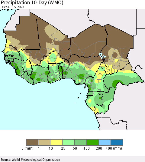 Western Africa Precipitation 10-Day (WMO) Thematic Map For 10/6/2023 - 10/15/2023