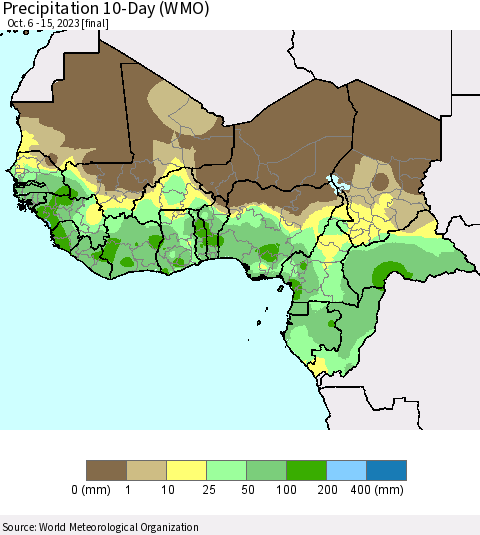 Western Africa Precipitation 10-Day (WMO) Thematic Map For 10/6/2023 - 10/15/2023