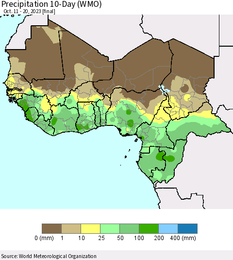 Western Africa Precipitation 10-Day (WMO) Thematic Map For 10/11/2023 - 10/20/2023