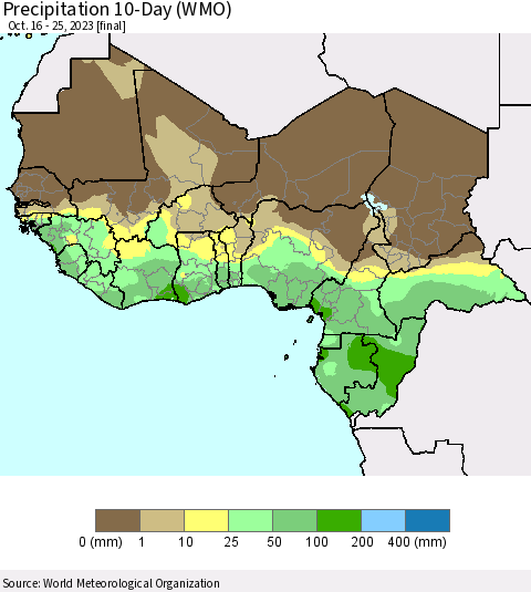 Western Africa Precipitation 10-Day (WMO) Thematic Map For 10/16/2023 - 10/25/2023