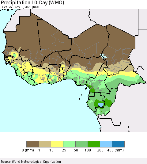 Western Africa Precipitation 10-Day (WMO) Thematic Map For 10/26/2023 - 11/5/2023