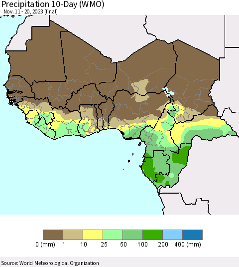 Western Africa Precipitation 10-Day (WMO) Thematic Map For 11/11/2023 - 11/20/2023