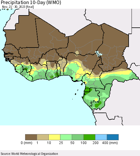 Western Africa Precipitation 10-Day (WMO) Thematic Map For 11/21/2023 - 11/30/2023