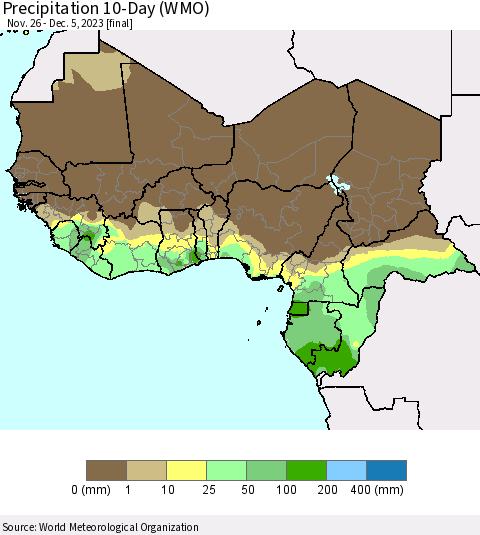 Western Africa Precipitation 10-Day (WMO) Thematic Map For 11/26/2023 - 12/5/2023
