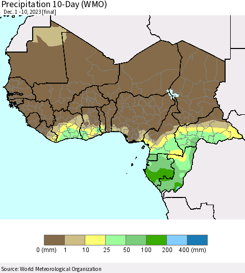 Western Africa Precipitation 10-Day (WMO) Thematic Map For 12/1/2023 - 12/10/2023