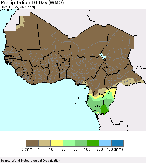 Western Africa Precipitation 10-Day (WMO) Thematic Map For 12/16/2023 - 12/25/2023