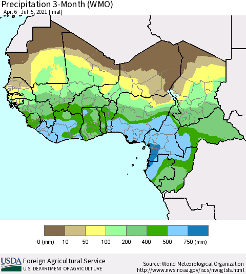 Western Africa Precipitation 3-Month (WMO) Thematic Map For 4/6/2021 - 7/5/2021