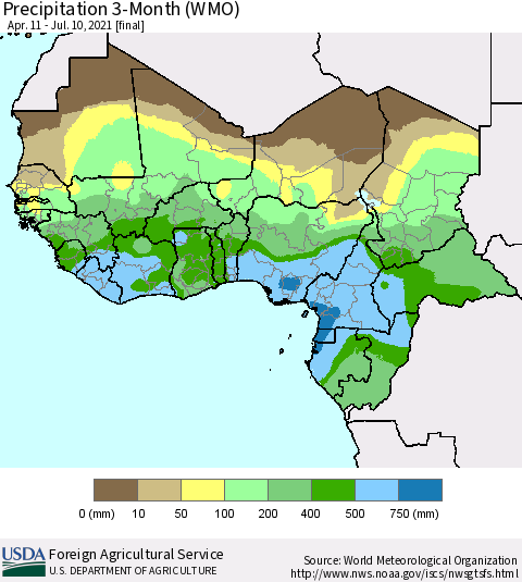 Western Africa Precipitation 3-Month (WMO) Thematic Map For 4/11/2021 - 7/10/2021