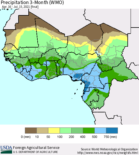 Western Africa Precipitation 3-Month (WMO) Thematic Map For 4/16/2021 - 7/15/2021