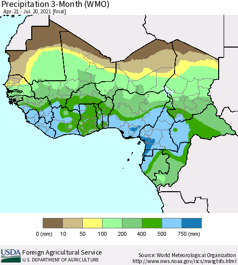 Western Africa Precipitation 3-Month (WMO) Thematic Map For 4/21/2021 - 7/20/2021