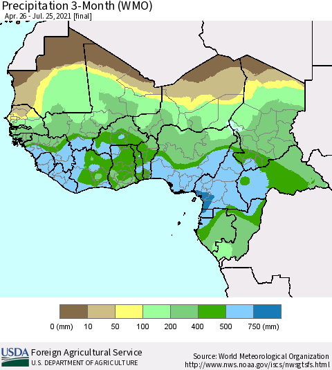 Western Africa Precipitation 3-Month (WMO) Thematic Map For 4/26/2021 - 7/25/2021