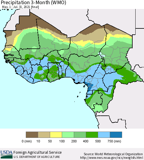 Western Africa Precipitation 3-Month (WMO) Thematic Map For 5/1/2021 - 7/31/2021