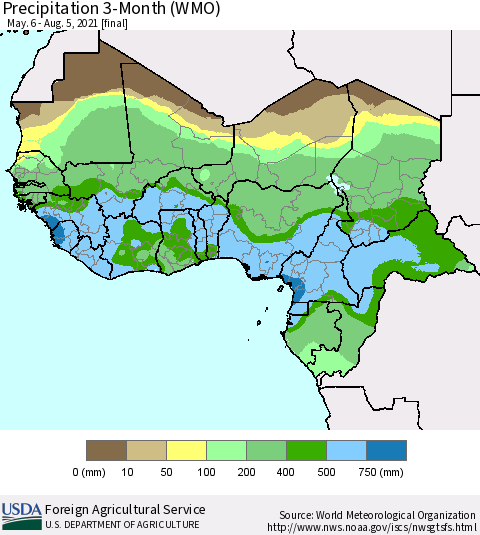 Western Africa Precipitation 3-Month (WMO) Thematic Map For 5/6/2021 - 8/5/2021