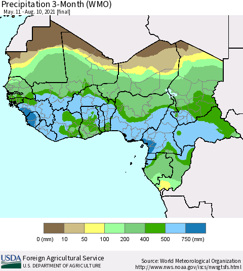 Western Africa Precipitation 3-Month (WMO) Thematic Map For 5/11/2021 - 8/10/2021