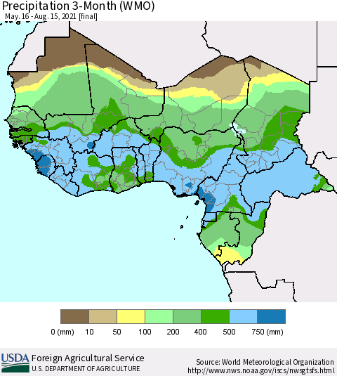 Western Africa Precipitation 3-Month (WMO) Thematic Map For 5/16/2021 - 8/15/2021