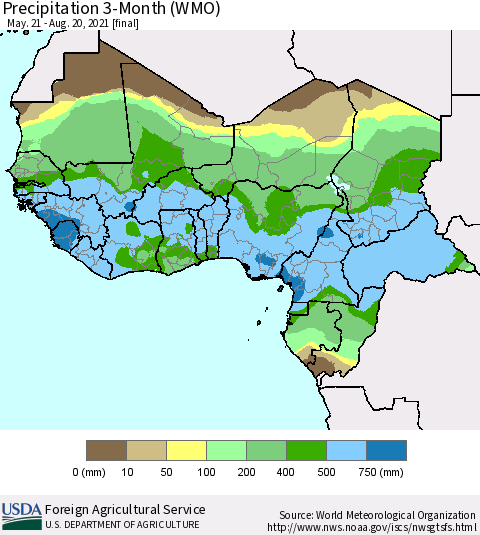 Western Africa Precipitation 3-Month (WMO) Thematic Map For 5/21/2021 - 8/20/2021