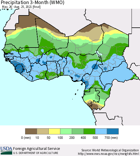 Western Africa Precipitation 3-Month (WMO) Thematic Map For 5/26/2021 - 8/25/2021