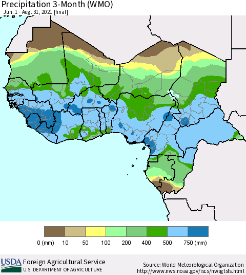 Western Africa Precipitation 3-Month (WMO) Thematic Map For 6/1/2021 - 8/31/2021