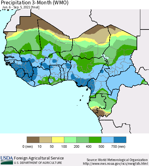 Western Africa Precipitation 3-Month (WMO) Thematic Map For 6/6/2021 - 9/5/2021