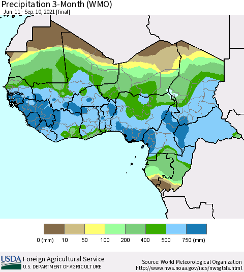 Western Africa Precipitation 3-Month (WMO) Thematic Map For 6/11/2021 - 9/10/2021