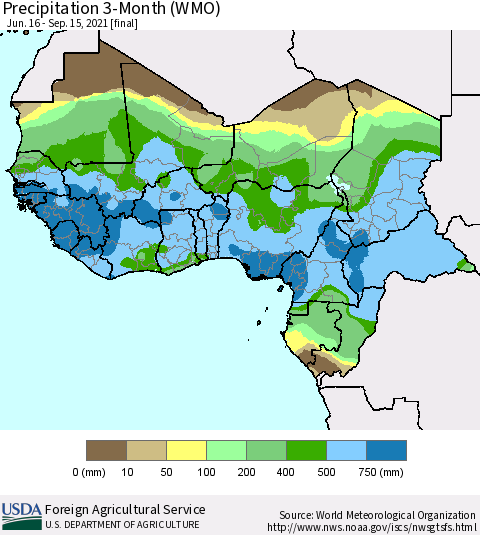 Western Africa Precipitation 3-Month (WMO) Thematic Map For 6/16/2021 - 9/15/2021