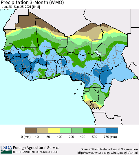 Western Africa Precipitation 3-Month (WMO) Thematic Map For 6/26/2021 - 9/25/2021
