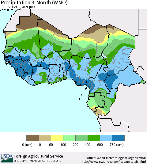 Western Africa Precipitation 3-Month (WMO) Thematic Map For 7/6/2021 - 10/5/2021