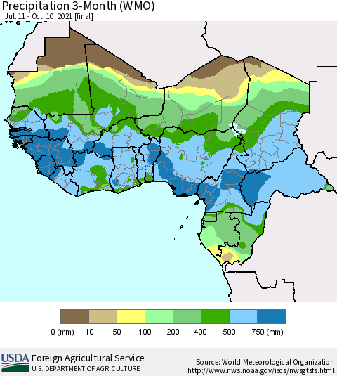 Western Africa Precipitation 3-Month (WMO) Thematic Map For 7/11/2021 - 10/10/2021