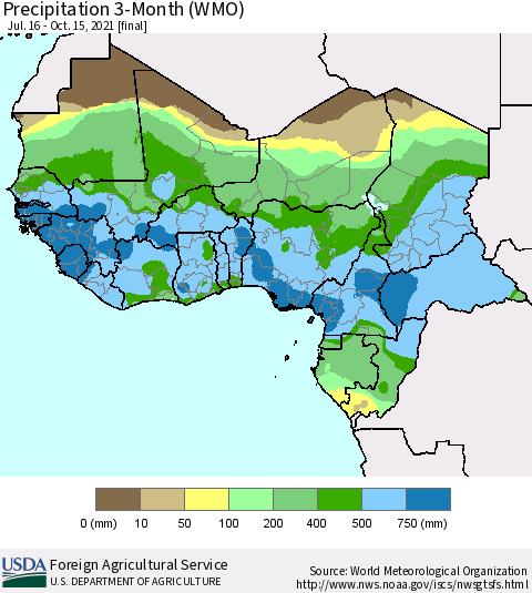Western Africa Precipitation 3-Month (WMO) Thematic Map For 7/16/2021 - 10/15/2021