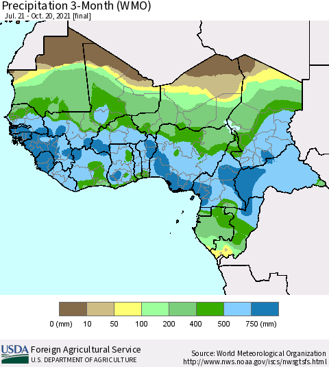Western Africa Precipitation 3-Month (WMO) Thematic Map For 7/21/2021 - 10/20/2021