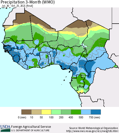 Western Africa Precipitation 3-Month (WMO) Thematic Map For 7/26/2021 - 10/25/2021
