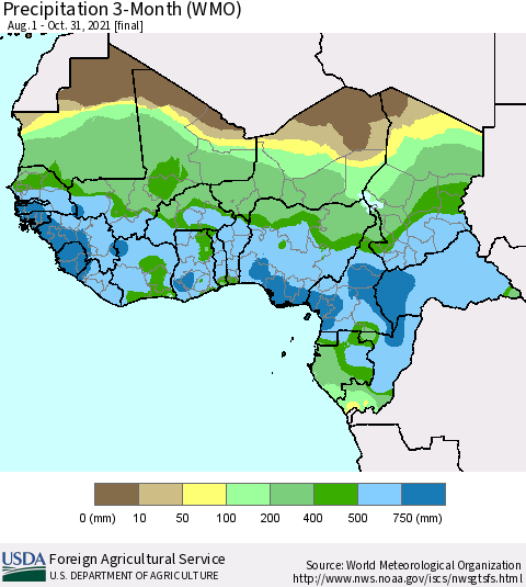 Western Africa Precipitation 3-Month (WMO) Thematic Map For 8/1/2021 - 10/31/2021