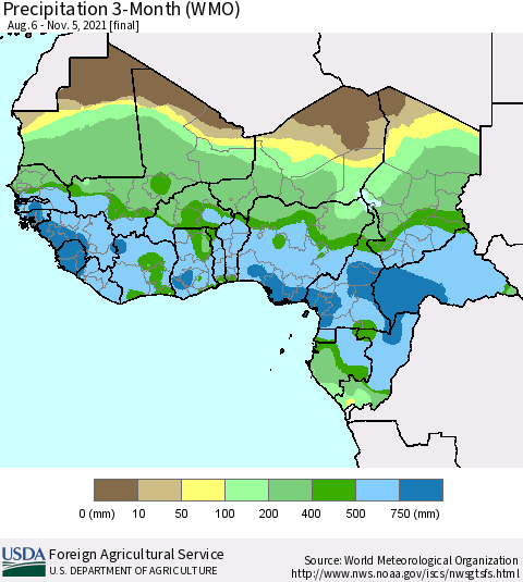 Western Africa Precipitation 3-Month (WMO) Thematic Map For 8/6/2021 - 11/5/2021