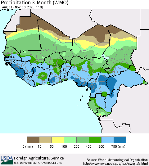 Western Africa Precipitation 3-Month (WMO) Thematic Map For 8/11/2021 - 11/10/2021