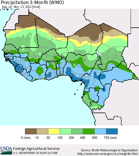Western Africa Precipitation 3-Month (WMO) Thematic Map For 8/16/2021 - 11/15/2021