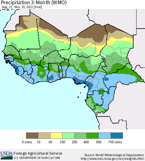 Western Africa Precipitation 3-Month (WMO) Thematic Map For 8/21/2021 - 11/20/2021