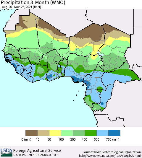 Western Africa Precipitation 3-Month (WMO) Thematic Map For 8/26/2021 - 11/25/2021