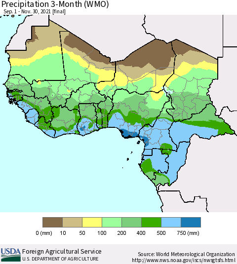 Western Africa Precipitation 3-Month (WMO) Thematic Map For 9/1/2021 - 11/30/2021