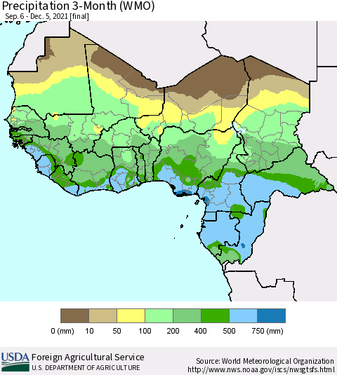 Western Africa Precipitation 3-Month (WMO) Thematic Map For 9/6/2021 - 12/5/2021