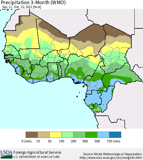 Western Africa Precipitation 3-Month (WMO) Thematic Map For 9/11/2021 - 12/10/2021