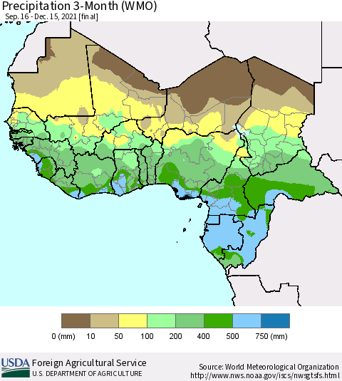 Western Africa Precipitation 3-Month (WMO) Thematic Map For 9/16/2021 - 12/15/2021
