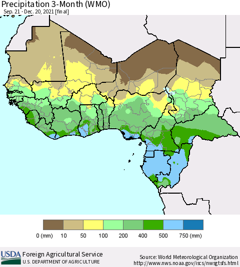 Western Africa Precipitation 3-Month (WMO) Thematic Map For 9/21/2021 - 12/20/2021