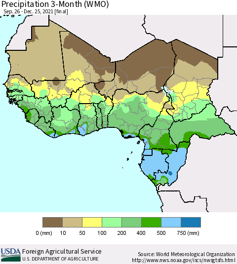 Western Africa Precipitation 3-Month (WMO) Thematic Map For 9/26/2021 - 12/25/2021